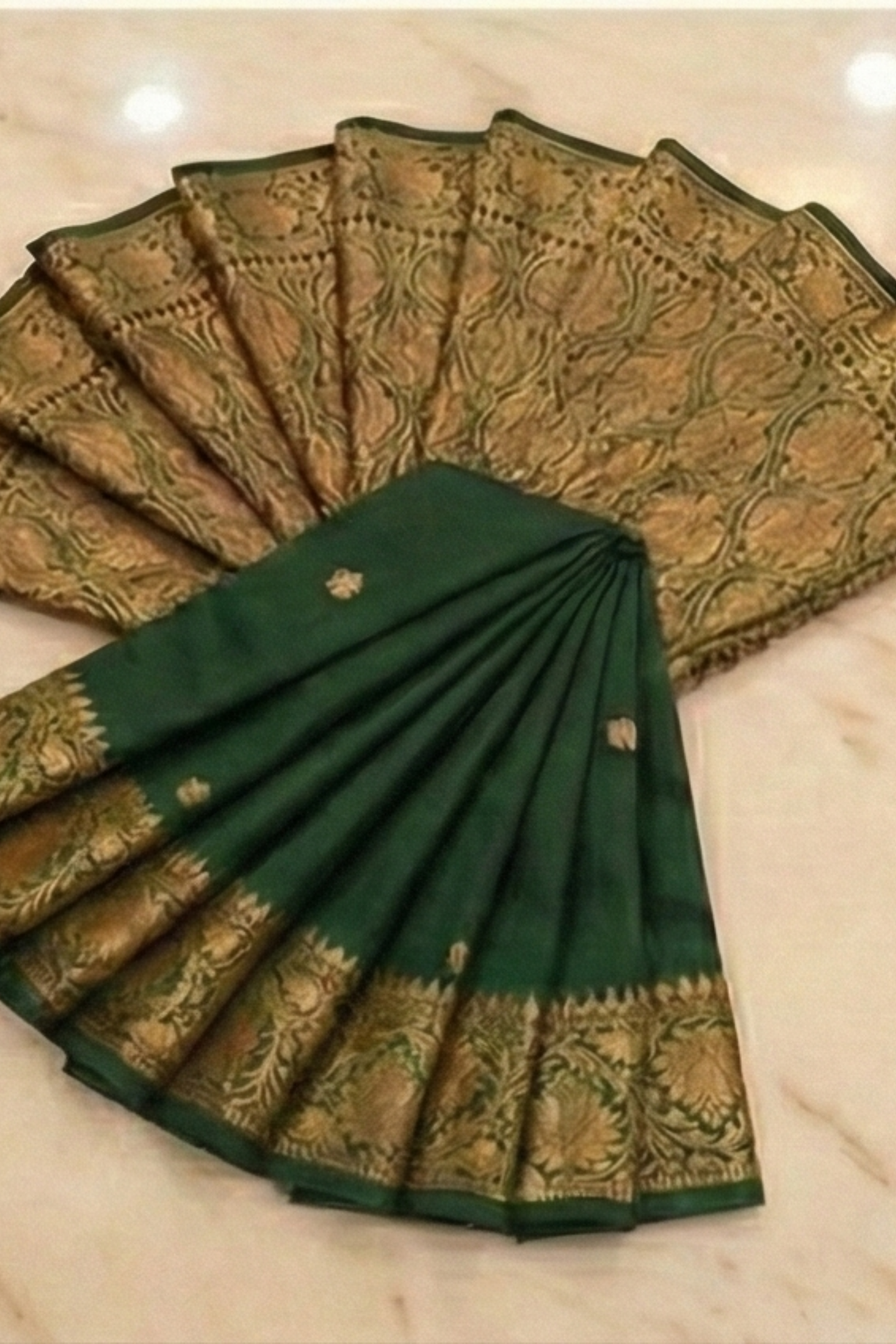 Small Golden Flower Butta with Floral Border - Bottle Green