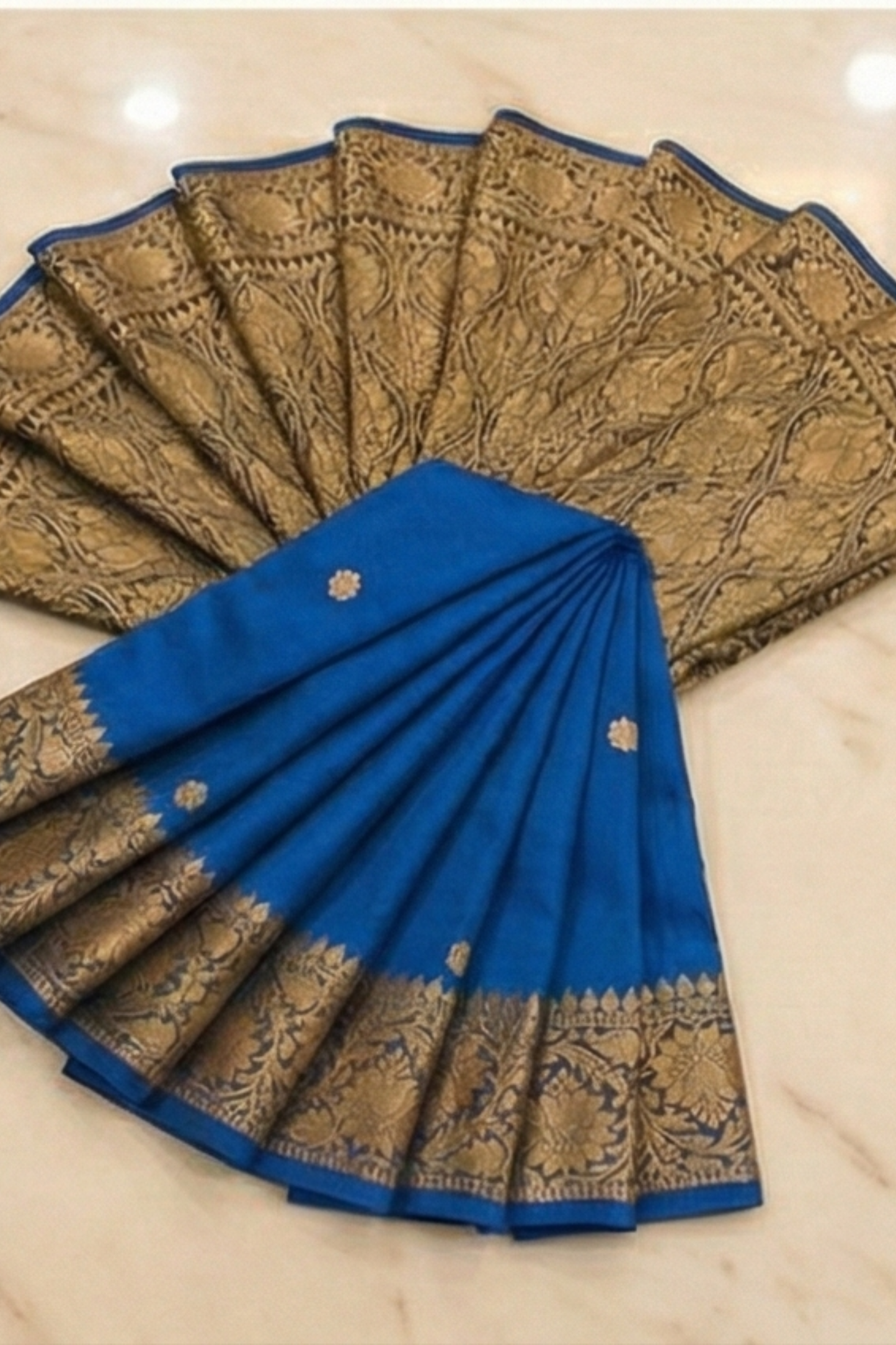 Small Golden Flower Butta with Floral Border - Blue