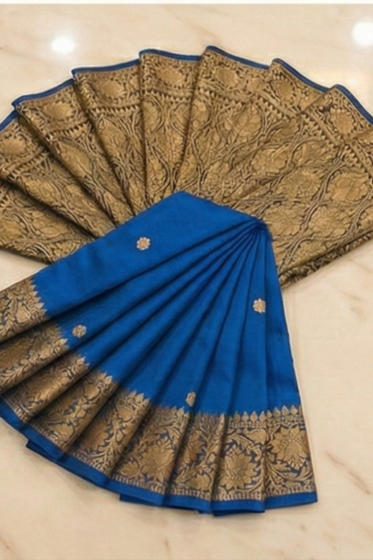 Small Golden Flower Butta with Floral Border - Blue
