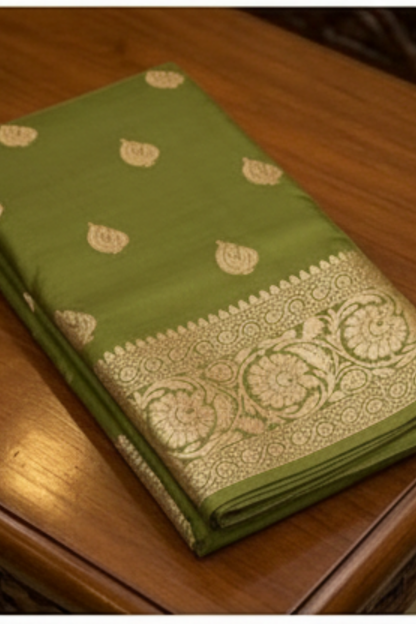 Golden Peacock like Butta and Floral Border  - Olive Green
