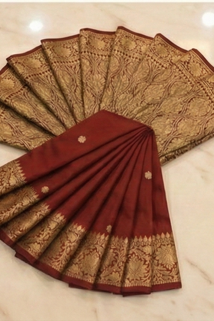 Small Golden Flower Butta with Floral Border - Maroon