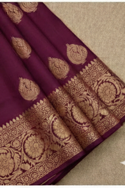 Golden Peacock like Butta and Floral Border  - Plum/Deep Wine