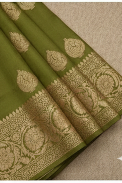 Golden Peacock like Butta and Floral Border  - Olive Green