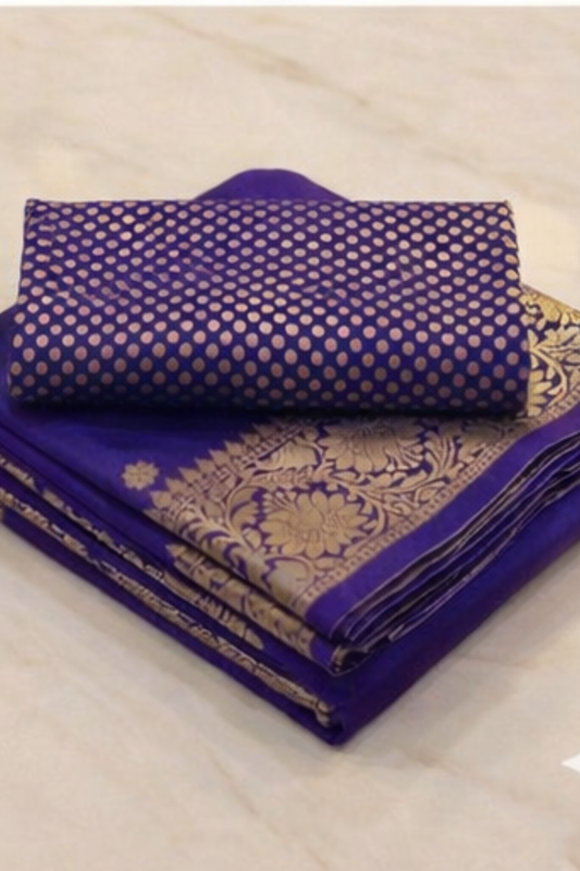 Small Golden Flower Butta with Floral Border - Deep Blue/Electric Blue