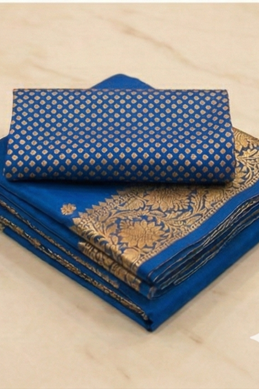 Small Golden Flower Butta with Floral Border - Blue