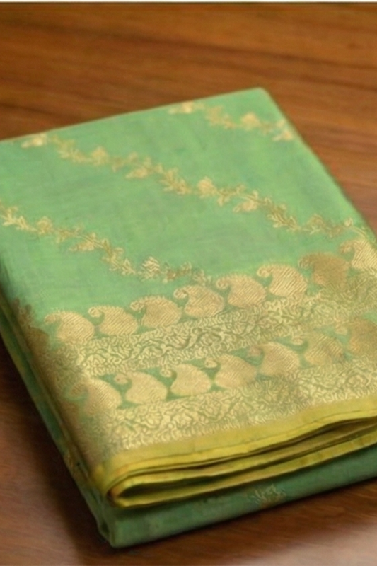 Gold Zari Floral Creeper Motifs with Small Mango Border - Mint Green with Gold tone