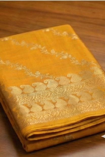Gold Zari Floral Creeper Motifs with Small Mango Border - Yellow