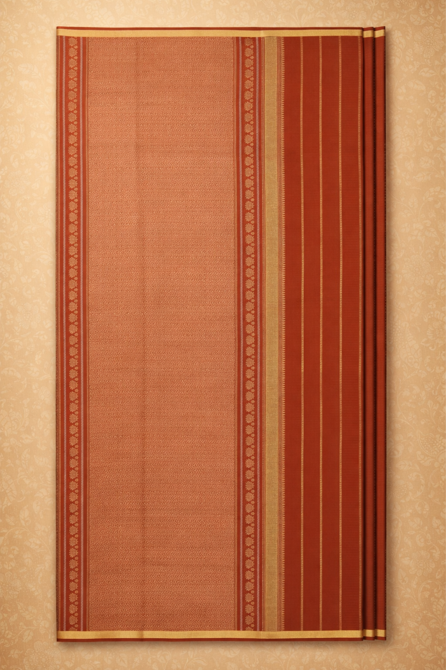 Pure Crepe - Alternate Vertical Patterns - Thicker and Thinner Vertical Zari Strips of tiny, pinpoint Gold and Silver dots