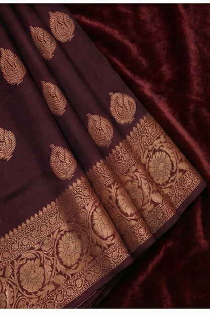 Golden Peacock like Butta and Floral Border  - Maroon Brown