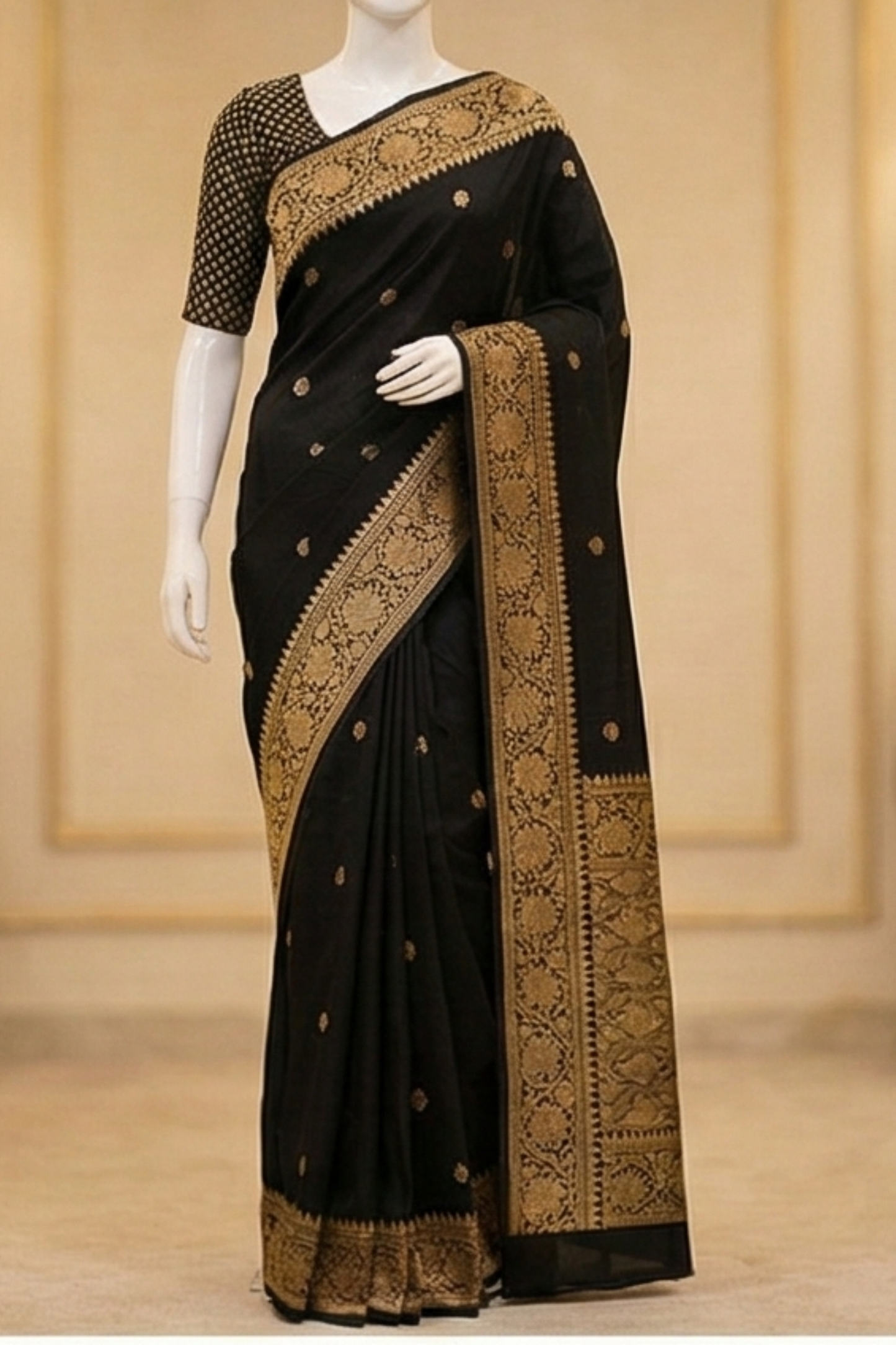 Small Golden Flower Butta with Floral Border - Black