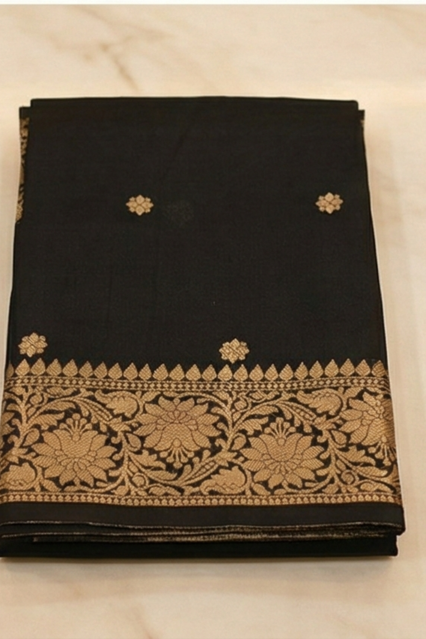 Small Golden Flower Butta with Floral Border - Black