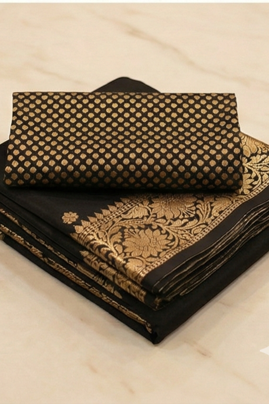 Small Golden Flower Butta with Floral Border - Black