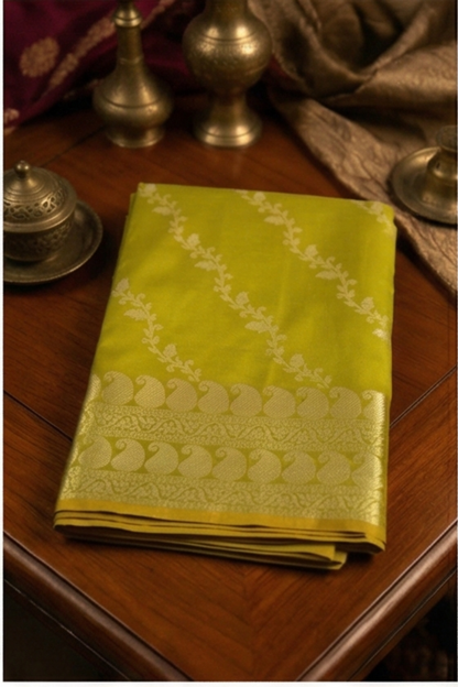 Gold Zari Floral Creeper Motifs with Small Mango Border - Parrot Green