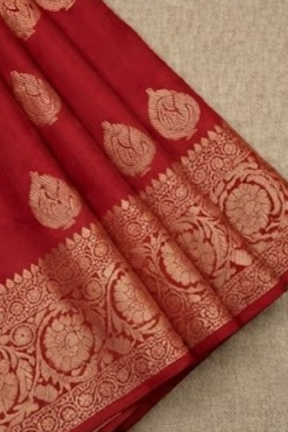 Golden Peacock like Butta and Floral Border - Brick Red