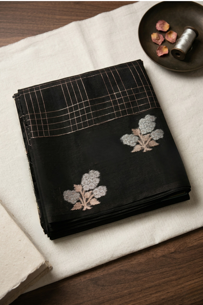 Check design with silver and gold flower border - Black