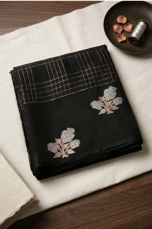 Check design with silver and gold flower border - Black
